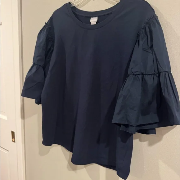 Chico's Womans T Shirt Navy Ruffle Flutter Sleeves Stretch Size 2 (Large) - Picture 3 of 7